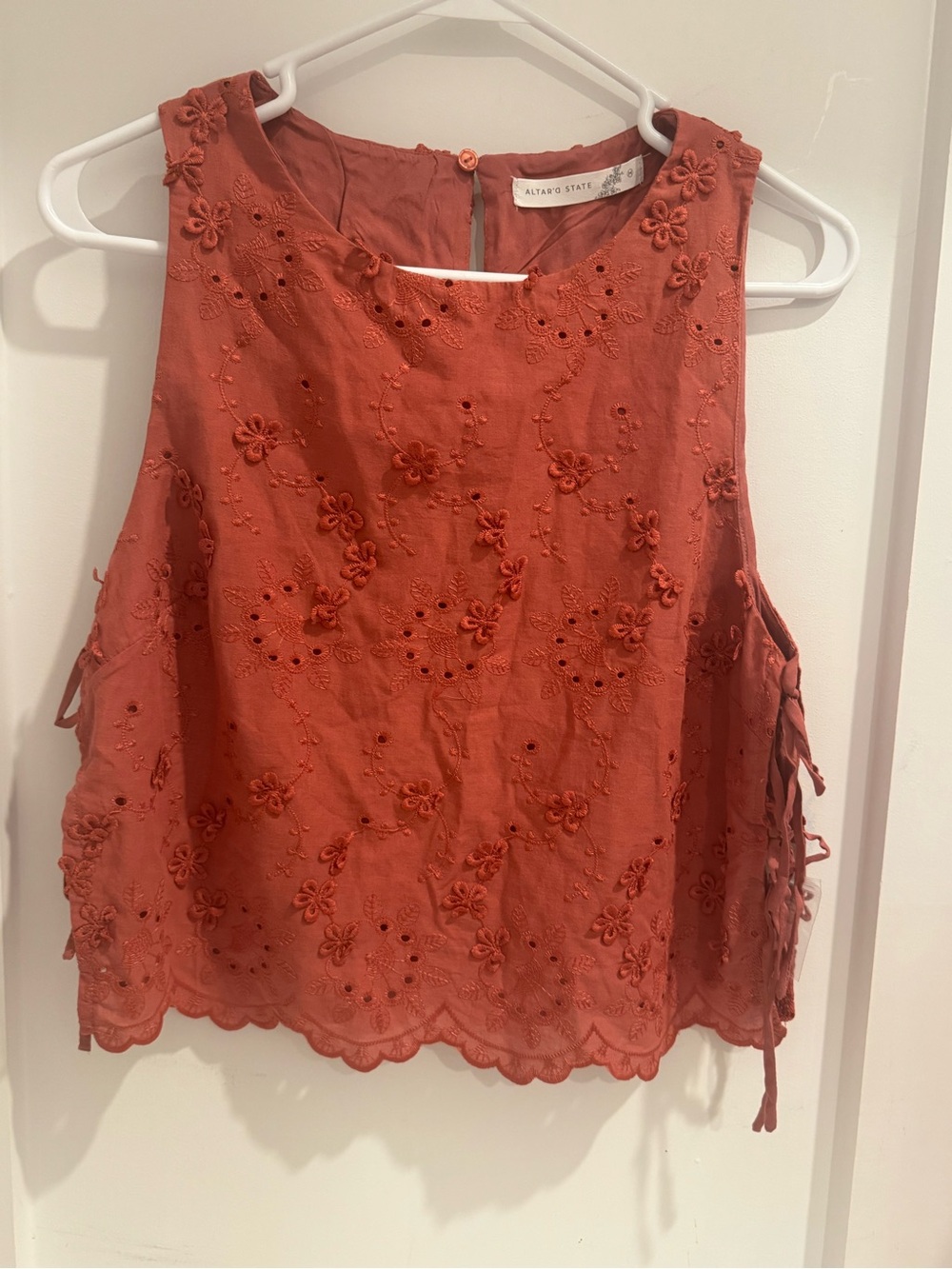 Altar'd State Burnt Orange Floral Eyelet Tie Tank